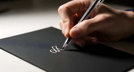 A close-up shot of a person's hand writing the word 'OK' or a signature in cursive with a silver ink pen on a piece of black paper. The focus is on the act of writing and the contrast between the ink and the dark paper.の素材
