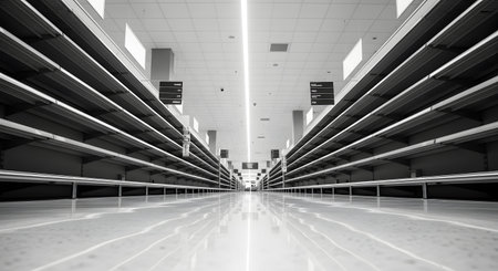 A low-angle, black and white photograph looking down a long aisle of completely empty supermarket shelves. The polished floor reflects the overhead lights, creating a stark, symmetrical, and desolate scene.の素材