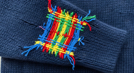 A close-up of a colorful, woven darning patch on the sleeve of a blue knitted sweater. The patch uses a visible mending technique with red, yellow, green, and blue yarn, showcasing sustainability, repair, and craft.の素材