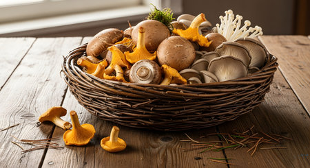 An assortment of fresh, edible wild mushrooms, including chanterelles, cremini, oyster, and enoki, are beautifully arranged in a rustic wicker basket. The basket sits on a wooden table, creating a warm, natural, and autumnal still life. This image represents foraging, gourmet cooking, and healthy, organic ingredients.の素材