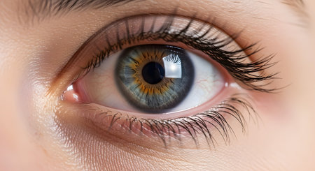 A detailed macro photograph of a beautiful human eye with central heterochromia, showing a mix of blue, green, and yellow in the iris. The image highlights the intricate details of the eye, representing vision, beauty, and uniqueness.の素材