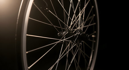 A dramatic, artistic close-up of a bicycle wheel against a solid black background. A soft light highlights the metallic rim and the intricate, crossing pattern of the thin metal spokes, creating a sense of motion and elegant mechanical design.の素材