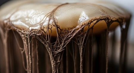 An extreme close-up macro shot of a substance, possibly chocolate or caramel, being stretched. Viscous, stringy fibers pull away from a glossy, semi-solid surface, creating an intricate web-like texture.の素材