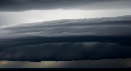 A dramatic and ominous dark shelf cloud (arcus cloud) stretches horizontally across the sky, signaling an approaching severe thunderstorm. The cloud is layered and turbulent, with rain visible in the distance below.の素材
