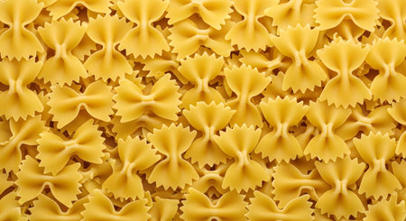 A full-frame, top-down view of uncooked farfalle pasta, creating a textured background. The classic bow-tie shaped Italian pasta pieces are scattered evenly, highlighting their shape and golden yellow color. This image is perfect for food blogs, restaurant menus, or concepts related to Italian cuisine and cooking.の素材