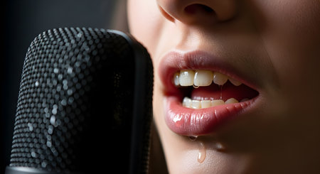 A sensual close-up of a woman's mouth and lips near a professional studio microphone. The image captures a moment of speaking, singing, or creating ASMR content, highlighted by the glossy lips and a drop of saliva.の素材