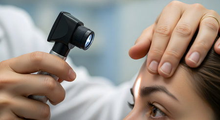 A close-up shot of an optometrist or doctor using a handheld medical scope (like an otoscope or ophthalmoscope) to examine a female patient's eye. The doctor's hand gently holds her forehead for stability during the check-up.の素材