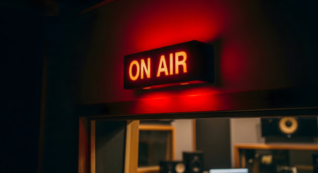 A bright red 'ON AIR' sign is illuminated, glowing in a dark room, indicating a live broadcast is in progress. The sign is mounted on a wall above a studio window, with recording equipment partially visible in the background of the radio or podcast studio.の素材