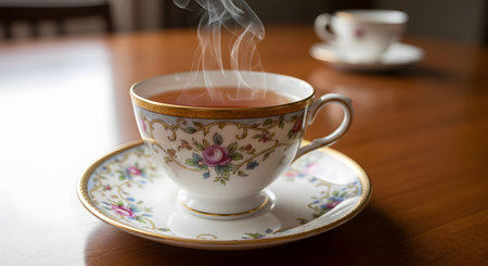 A steaming cup of hot tea sits on a matching saucer on a wooden table. The elegant teacup has a gold rim and a floral pattern. Another cup is blurred in the background.の素材