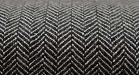 A detailed, macro close-up of a classic herringbone patterned fabric in shades of black, white, and grey. The woven texture of the tweed or wool material creates a sophisticated, timeless, and stylish background.の素材