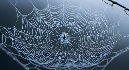 A perfect, intricate spider's web is covered in tiny, sparkling dew drops, resembling a string of pearls. A small spider sits in the center of the web, which is set against a moody, out-of-focus grey-blue background, highlighting nature's delicate geometry.の素材