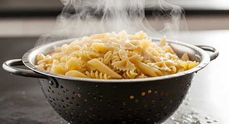 A close-up shot of freshly cooked mixed pasta, including farfalle, penne, and fusilli, steaming in a black metal colander. The hot steam rises from the pasta, indicating it has just been drained.の素材