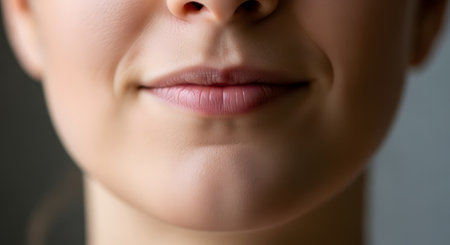 An extreme close-up of the lower half of a woman's face, focusing on her lips forming a subtle, gentle smile. The natural texture of her skin and lips is clearly visible, conveying a sense of calm, contentment, or quiet happiness. The lighting is soft, highlighting the delicate features of her mouth and chin.の素材