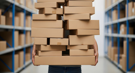 A person, only visible from the chest down, carries a tall, unstable stack of brown cardboard boxes through a warehouse aisle. The warehouse shelves, filled with more boxes, are blurred in the background.の素材