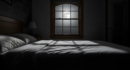 A dark bedroom at night, with bright moonlight from a full moon streaming through a window. The moonlight illuminates an unmade bed with pillows and a crumpled duvet. A lamp is visible on a nightstand.の素材