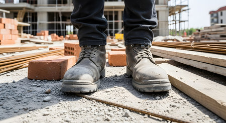 A low-angle, close-up shot of a construction worker's worn and dusty work boots standing on the gravel and rebar of a building site. The image conveys concepts of hard work, manual labor, and the construction industry.の素材
