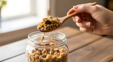 Healthy breakfast cereal in glass jar with wooden spoon in hand.の素材