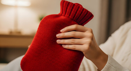 A person's hand holds a red hot water bottle, which is inside a cozy, red knitted cover. The background is a warm, softly lit room, suggesting comfort, warmth, and relief from cold or pain.の素材