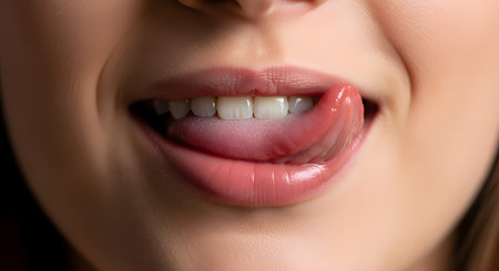 A close-up macro shot of a woman's mouth as she licks her lips, revealing clean white teeth and a slight smile. The gesture conveys enjoyment, deliciousness, appetite, or sensuality.の素材