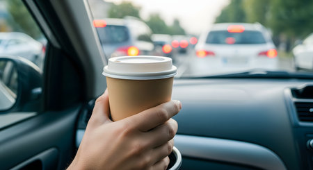 A person's hand holds a disposable paper coffee cup while driving a car, stuck in a traffic jam with brake lights visible ahead. This scene represents the daily commute, morning routine, rush hour, and the need for caffeine.の素材