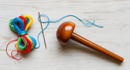 A flat lay of sewing and mending tools on a light wood background, featuring a polished wooden darning mushroom, a needle, and a skein of multi-colored thread. The image represents crafts, repair, and sustainable living.の素材