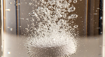A macro shot of a white effervescent tablet dissolving in a glass of clear water. The tablet releases a stream of bubbles as it fizzes and dissolves, representing medicine, vitamins, or a fizzy drink.の素材