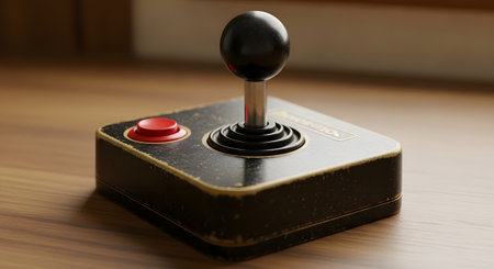 A classic retro video game joystick with a black ball-top handle and a single red button, resting on a wooden surface. The controller shows signs of wear, evoking nostalgia for 80s arcade games and early home consoles.の素材
