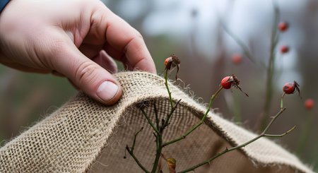 A person's hand carefully places a piece of burlap over a small rosehip plant to protect it from the cold. The image symbolizes care, nurturing, protection, and preparing a garden for winter frost.の素材