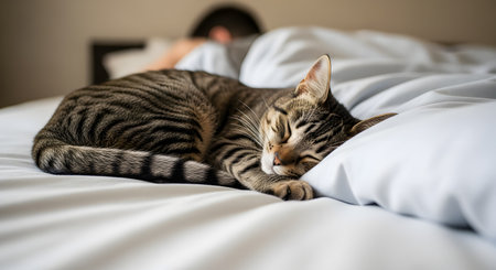 A brown tabby cat is sleeping soundly on a soft white pillow, curled up comfortably on a bed. This peaceful domestic scene evokes feelings of comfort, relaxation, and the quiet joy of having a pet at home.の素材