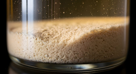 An extreme close-up of active dry yeast fermenting in a glass jar of warm water. Bubbles rise from the granular yeast sediment, indicating the biological process of fermentation used in baking bread or brewing beer.の素材