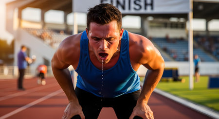 An exhausted and sweaty male athlete in a blue tank top bends over, gasping for air after a race on a running track. The finish line is visible in the background, symbolizing extreme effort, determination, and the physical toll of competition.の素材
