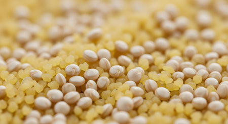 A macro close-up shot of uncooked quinoa and couscous grains mixed. The tiny, pale quinoa seeds are scattered amongst the larger, yellow granules of couscous, showing texture and detail.の素材