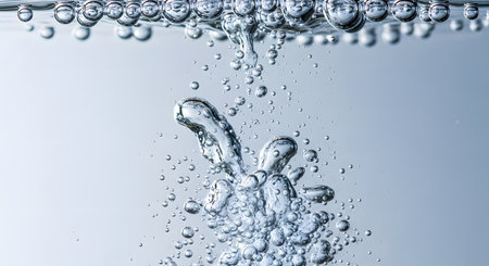 A macro abstract shot of air bubbles rising in clear, clean water. Large and small bubbles ascend from the bottom against a bright, light blue background. The image evokes feelings of freshness, purity, and refreshment.の素材