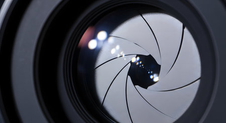 A close-up macro photograph of a camera lens, showing the intricate blades of the aperture diaphragm closing. Bokeh highlights are visible on the lens elements, symbolizing photography, technology, and focus.の素材
