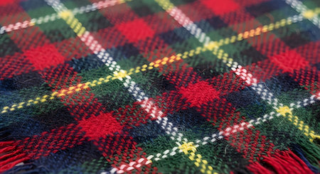 A close-up, detailed shot of a traditional tartan plaid fabric with a rich texture. The woven pattern features intersecting lines of red, green, blue, black, white, and yellow, representing Scottish heritage and classic design.の素材
