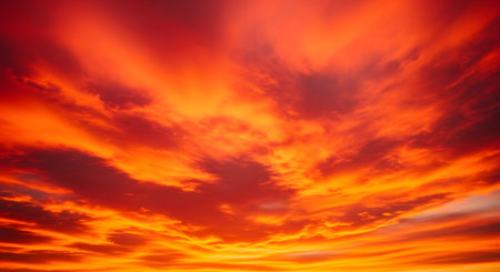 A breathtaking and dramatic sky filled with fiery red, orange, and yellow clouds during a vibrant sunset or sunrise. The light radiates from the horizon, creating an intense and powerful atmospheric scene. This image can represent passion, change, apocalypse, or simply the stunning beauty of nature.の素材
