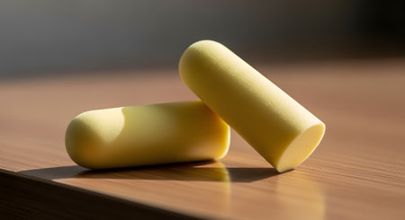A close-up shot of two yellow foam earplugs resting on a wooden surface, illuminated by soft light. The image relates to noise cancellation, hearing protection, quiet, silence, and getting a peaceful sleep.の素材