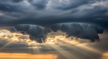 A dramatic sky with dark, heavy storm clouds at the top. Bright golden sun rays, or crepuscular rays, are breaking through the clouds from below, illuminating the sky at sunset or sunrise.の素材