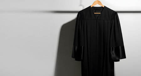 A formal black judge's or academic graduation gown hangs on a wooden hanger against a plain white wall with a prominent shadow. The image represents the judiciary, law, justice, authority, or the culmination of academic achievement.の素材