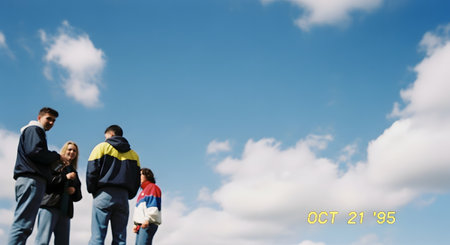 A vintage photograph from 1995, as indicated by the yellow timestamp 'OCT 21 '95'. It shows a low-angle shot of a group of four young people in 90s fashion (jackets, jeans) standing against a vast blue sky with fluffy white clouds. The image has a nostalgic, candid, and retro feel.の素材