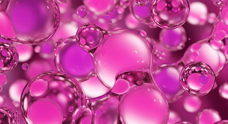 A vibrant abstract background featuring a cluster of translucent, glossy bubbles in shades of pink, purple, and magenta. This macro image can represent molecules, cells, or cosmetic liquids like serum, perfect for science or beauty themes.の素材