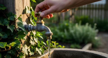 A person's hand turns the handle of a vintage brass water spigot, causing water to flow into a stone basin below. The tap is mounted on a wooden post covered in ivy, set in a lush green garden, evoking concepts of nature, water conservation, and gardening.の素材