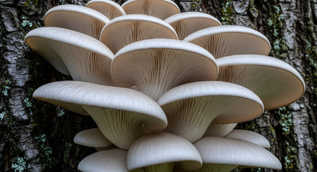 A detailed close-up of a beautiful cluster of white oyster mushrooms (Pleurotus ostreatus) growing on the bark of a tree. The gills on the underside of the mushroom caps are clearly visible, showcasing their delicate fan-like structure. This image highlights the beauty of fungi in their natural forest habitat.の素材
