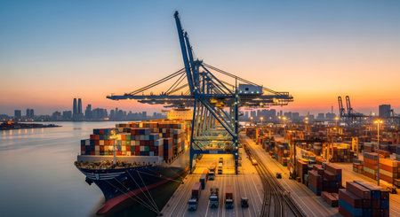 A large container ship is docked at a busy shipping port during a vibrant sunset. Giant cranes are positioned over the ship, and the port is filled with stacked shipping containers and trucks. A modern city skyline is visible in the background under the colorful sky.の素材