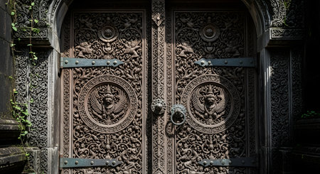 An incredibly detailed and ornate traditional Balinese wooden door, featuring intricate carvings of floral patterns and the mythical Garuda creature. The weathered, dark wood and heavy metal hardware showcase the rich culture and craftsmanship of Indonesian architecture.の素材