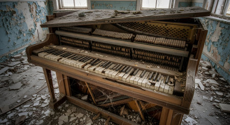 An old, broken upright piano sits in a state of decay within an abandoned room. The walls have peeling blue paint, the piano keys are broken, and debris litters the floor, creating a haunting, melancholic scene.の素材