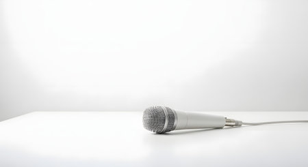 A minimalist shot of a single silver microphone lying on a clean white table against a plain white background. The image has a lot of negative space, conveying public speaking, voice, or communication.の素材