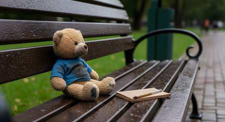 A small, brown teddy bear wearing a blue shirt sits alone on a wet, dark brown park bench after the rain. A notebook and pen rest beside it, evoking feelings of loneliness, loss, or childhood memories.の素材