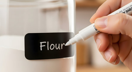 A close-up of a hand using a white chalk marker to write the word 'Flour' in cursive on a black chalkboard label. The label is attached to a clear glass jar containing white flour, showcasing kitchen and pantry organization. The image highlights tidiness, storage solutions, and home management.の素材