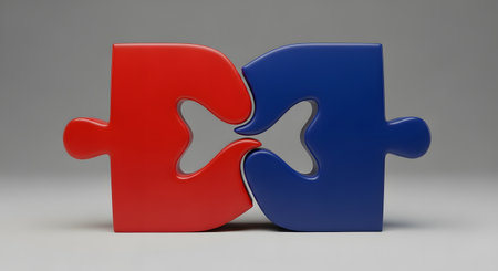 Two interlocking puzzle pieces, one red and one blue, are shown fitting together perfectly on a neutral background. This image symbolizes connection, partnership, problem-solving, teamwork, and finding a solution.の素材